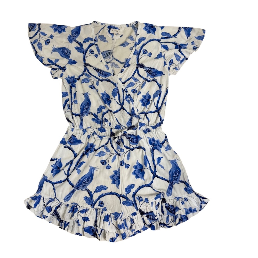 Piyama Blue White Bird Floral Print Flutter Sleeve Wrap Romper Small Rayon